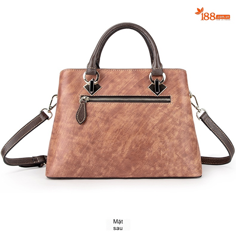 Túi Tote Da Bò Thật Khắc Hoa Hồng Vintage Đeo Vai, Đeo Chéo Màu Nâu, Cam chi tiết 17