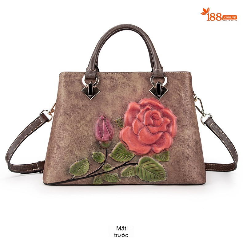 Túi Tote Da Bò Thật Khắc Hoa Hồng Vintage Đeo Vai, Đeo Chéo Màu Nâu, Cam chi tiết 18