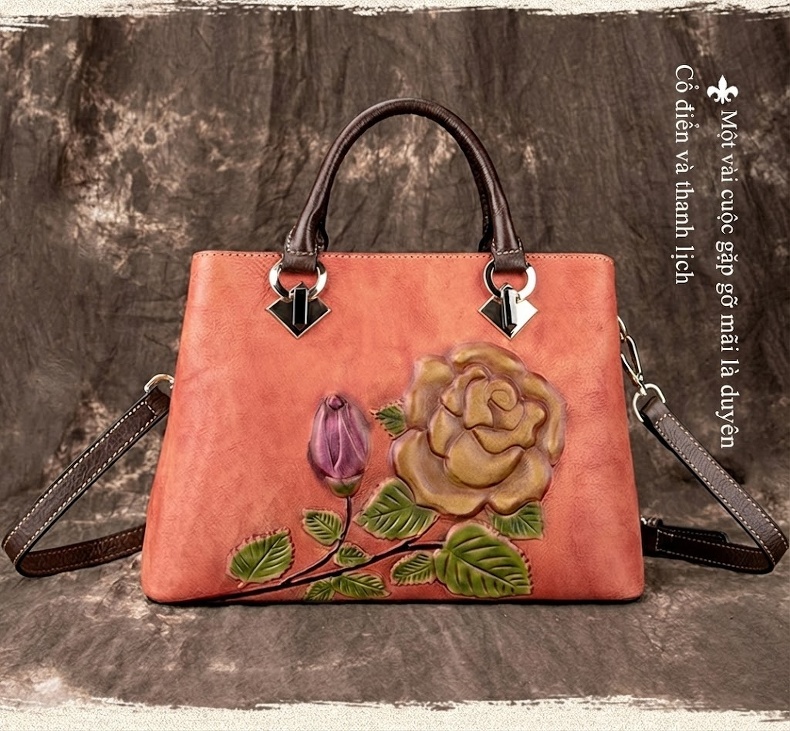 Túi Tote Da Bò Thật Khắc Hoa Hồng Vintage Đeo Vai, Đeo Chéo Màu Nâu, Cam chi tiết 1