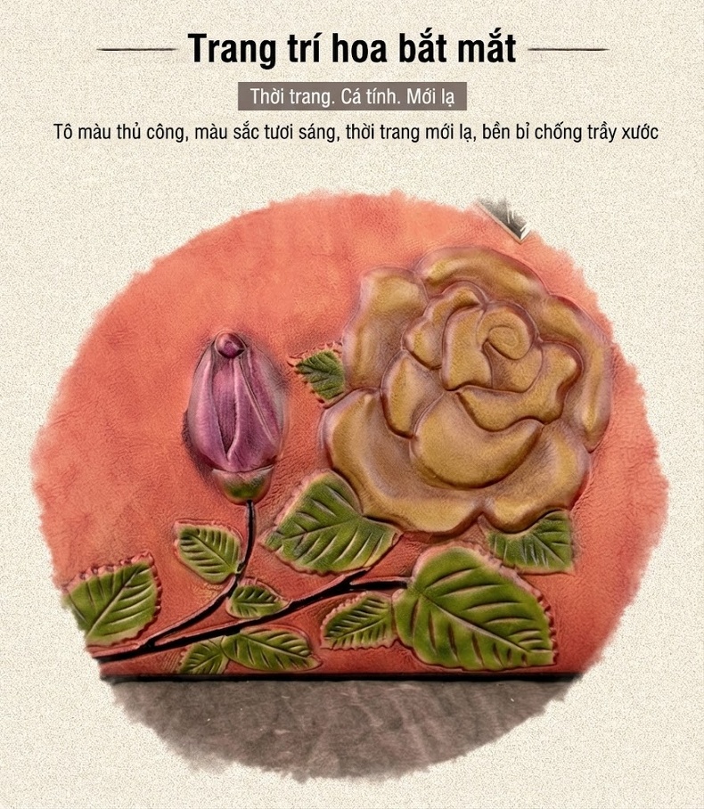 Túi Tote Da Bò Thật Khắc Hoa Hồng Vintage Đeo Vai, Đeo Chéo Màu Nâu, Cam chi tiết 2