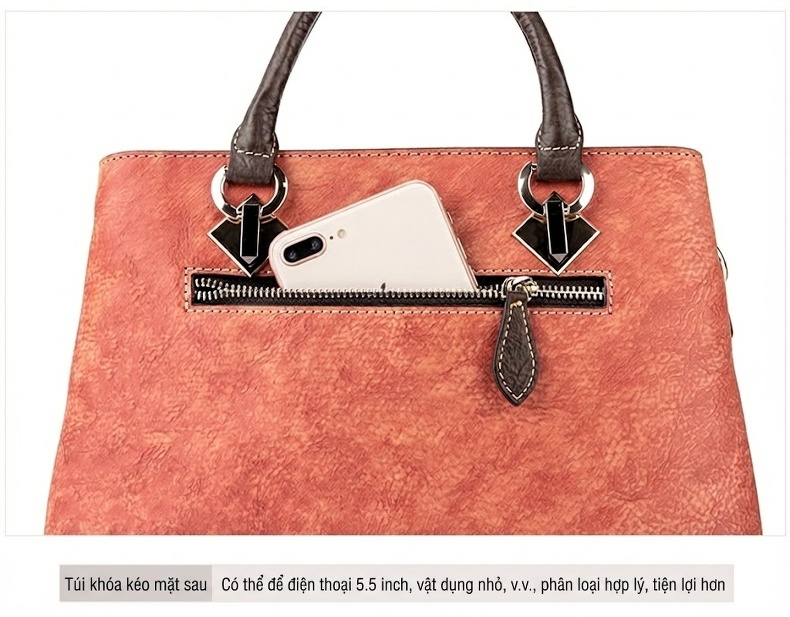 Túi Tote Da Bò Thật Khắc Hoa Hồng Vintage Đeo Vai, Đeo Chéo Màu Nâu, Cam chi tiết 25