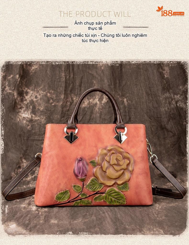 Túi Tote Da Bò Thật Khắc Hoa Hồng Vintage Đeo Vai, Đeo Chéo Màu Nâu, Cam chi tiết 5