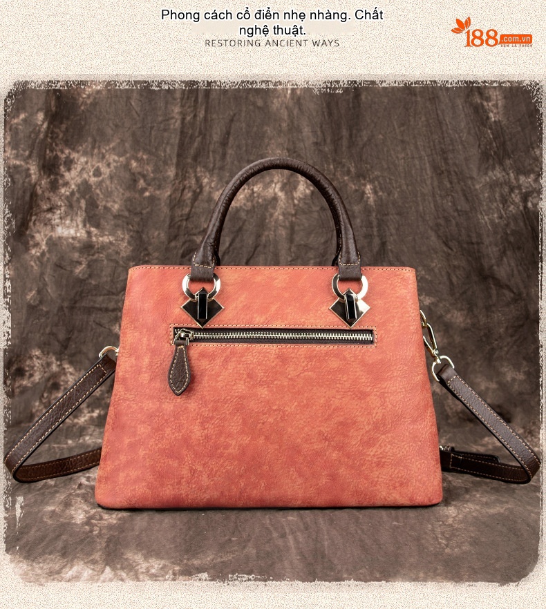 Túi Tote Da Bò Thật Khắc Hoa Hồng Vintage Đeo Vai, Đeo Chéo Màu Nâu, Cam chi tiết 6