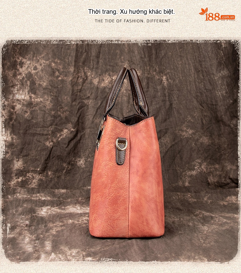 Túi Tote Da Bò Thật Khắc Hoa Hồng Vintage Đeo Vai, Đeo Chéo Màu Nâu, Cam chi tiết 7