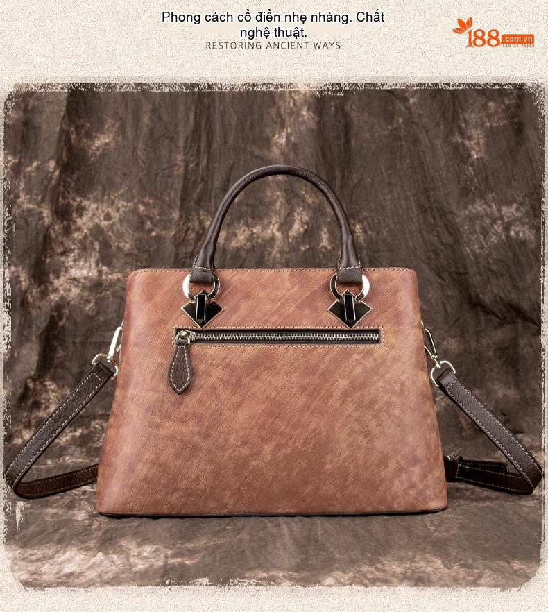 Túi Tote Da Bò Thật Khắc Hoa Hồng Vintage Đeo Vai, Đeo Chéo Màu Nâu, Cam chi tiết 8