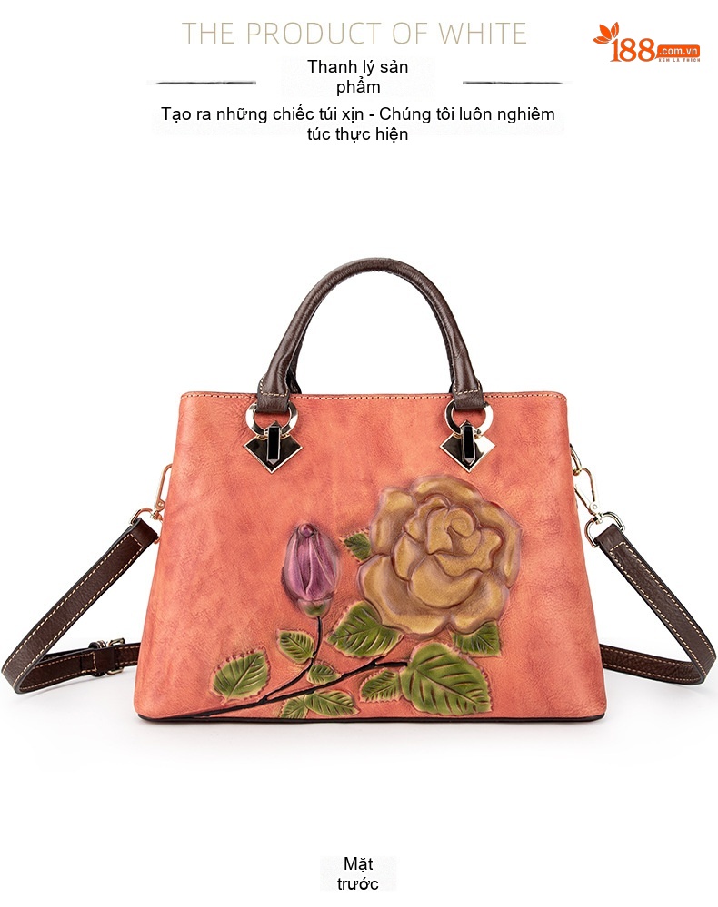 Túi Tote Da Bò Thật Khắc Hoa Hồng Vintage Đeo Vai, Đeo Chéo Màu Nâu, Cam chi tiết 9