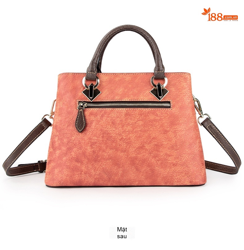Túi Tote Da Bò Thật Khắc Hoa Hồng Vintage Đeo Vai, Đeo Chéo Màu Nâu, Cam chi tiết 10