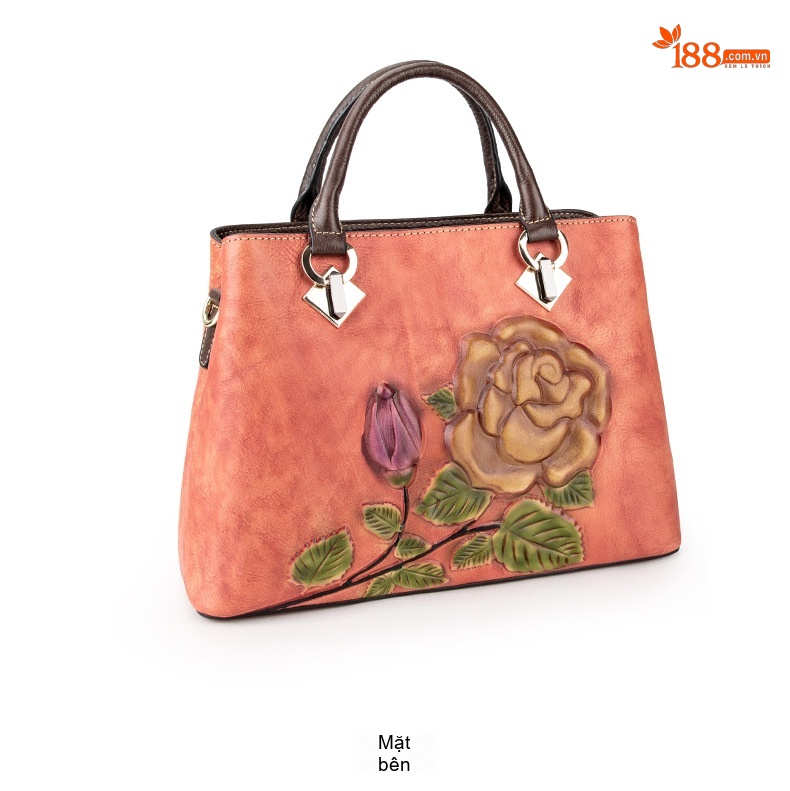 Túi Tote Da Bò Thật Khắc Hoa Hồng Vintage Đeo Vai, Đeo Chéo Màu Nâu, Cam chi tiết 11