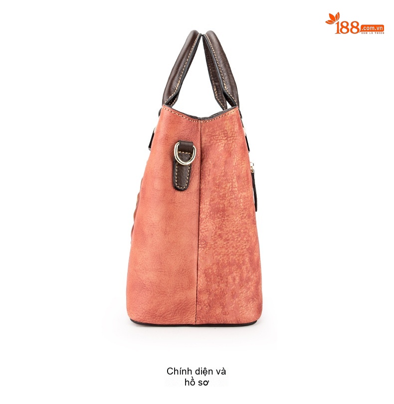 Túi Tote Da Bò Thật Khắc Hoa Hồng Vintage Đeo Vai, Đeo Chéo Màu Nâu, Cam chi tiết 12