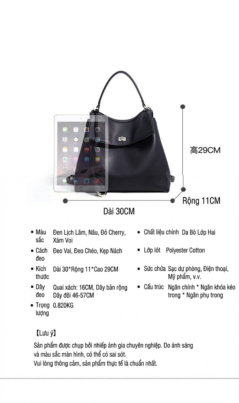 Túi Tote Da Bò Thiết Kế Độc Đáo Thời Trang Đeo Vai, Đeo Chéo, Xách Tay Màu Đen, Nâu chi tiết 6