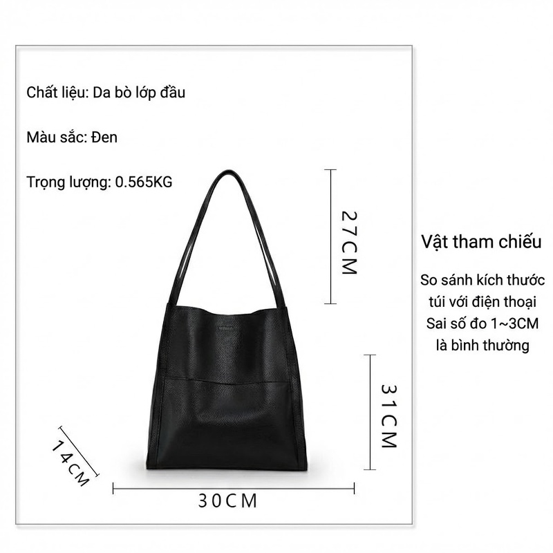 Túi Tote Da Bò Thời Trang Đeo Chéo, Xách Tay, Đeo Vai, Túi Lớn Đựng Đồ Màu Đen