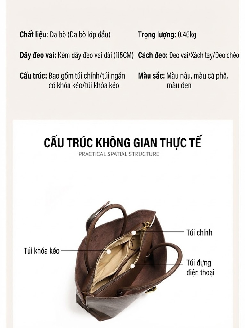 Túi Tote Da Bò Tự Nhiên Đeo Vai/Xách Tay Phong Cách Tiểu Thư Màu Nâu, Đen, Vàng Bò chi tiết 8