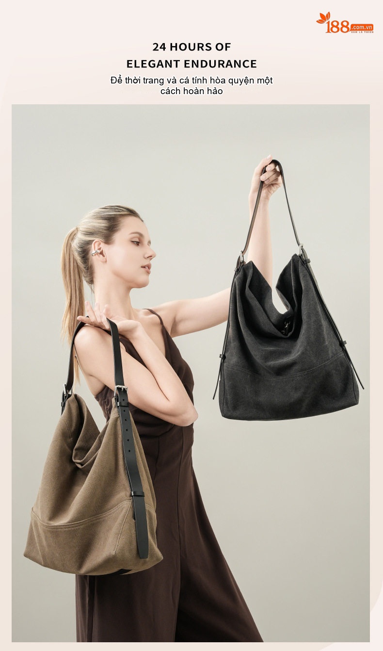 Túi Tote Da Bò Vải Canvas Đeo Vai Đựng Vừa A4 Phong Cách Vintage Màu Nâu chi tiết 17