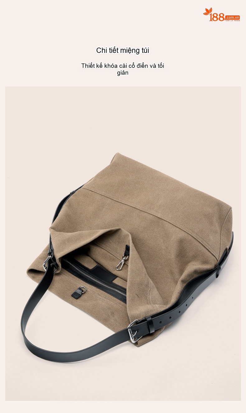Túi Tote Da Bò Vải Canvas Đeo Vai Đựng Vừa A4 Phong Cách Vintage Màu Nâu chi tiết 19