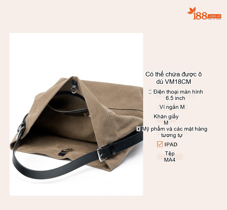 Túi Tote Da Bò Vải Canvas Đeo Vai Đựng Vừa A4 Phong Cách Vintage Màu Nâu chi tiết 33