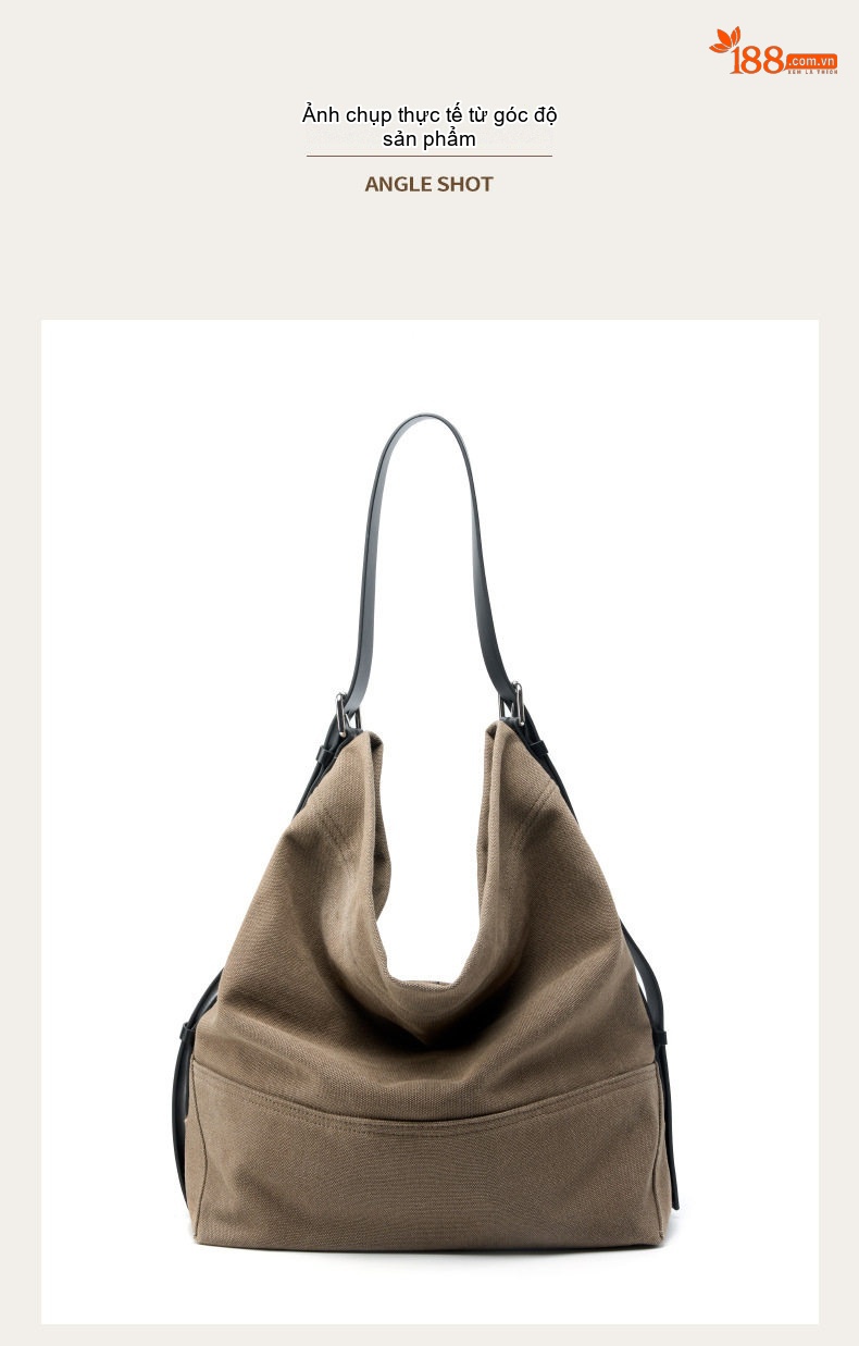 Túi Tote Da Bò Vải Canvas Đeo Vai Đựng Vừa A4 Phong Cách Vintage Màu Nâu chi tiết 34