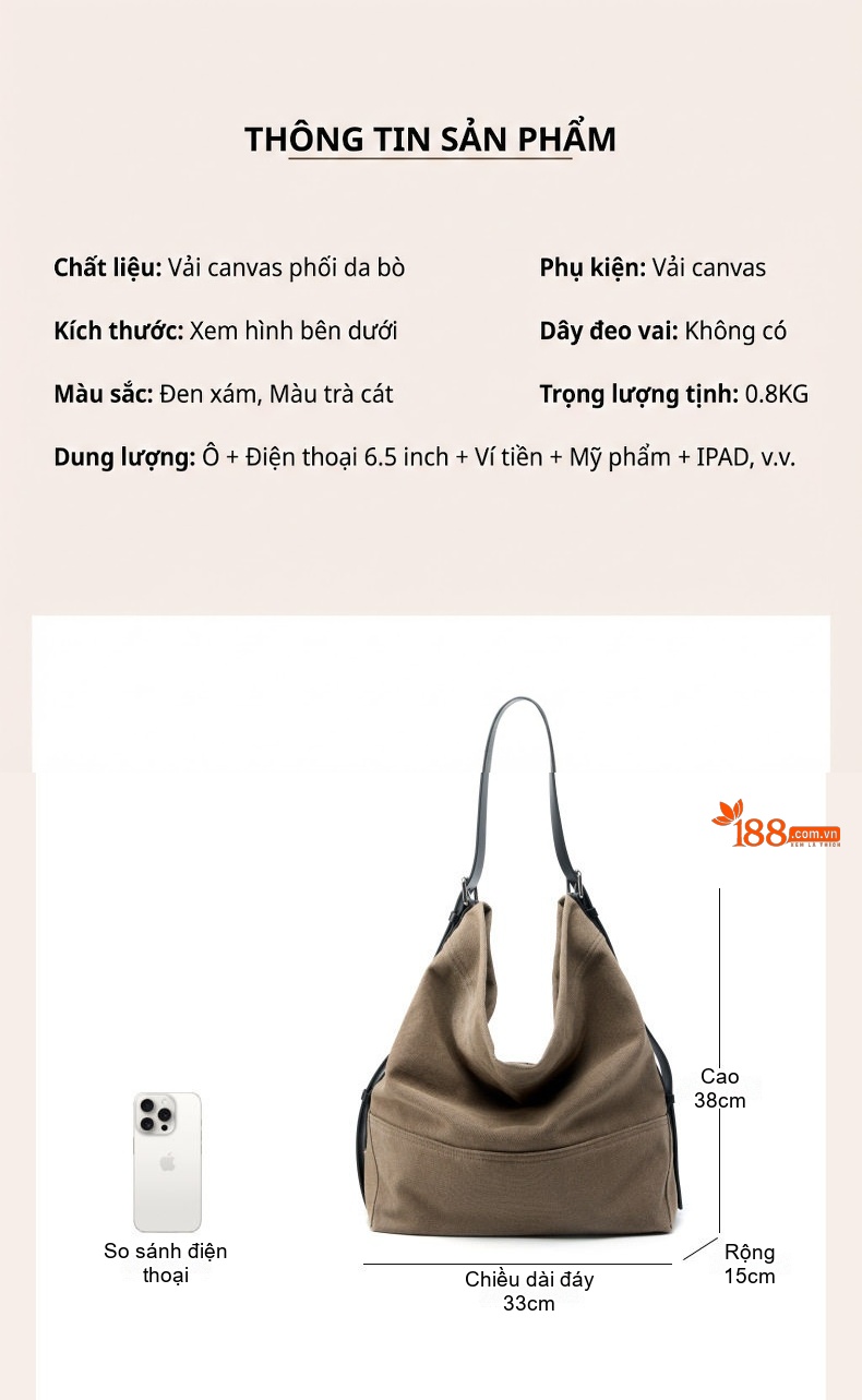 Túi Tote Da Bò Vải Canvas Đeo Vai Đựng Vừa A4 Phong Cách Vintage Màu Nâu chi tiết 32