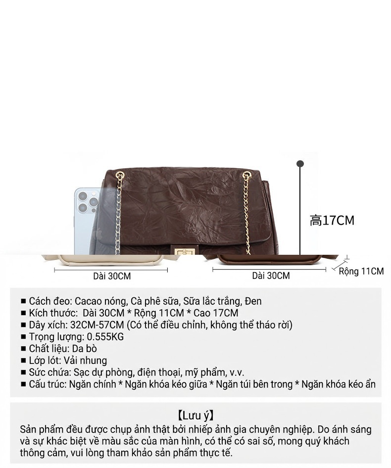 Túi Tote Da Bóng Đeo Vai/Đeo Chéo Dây Xích Lớn Phong Cách Thời Trang Màu Nâu chi tiết 5