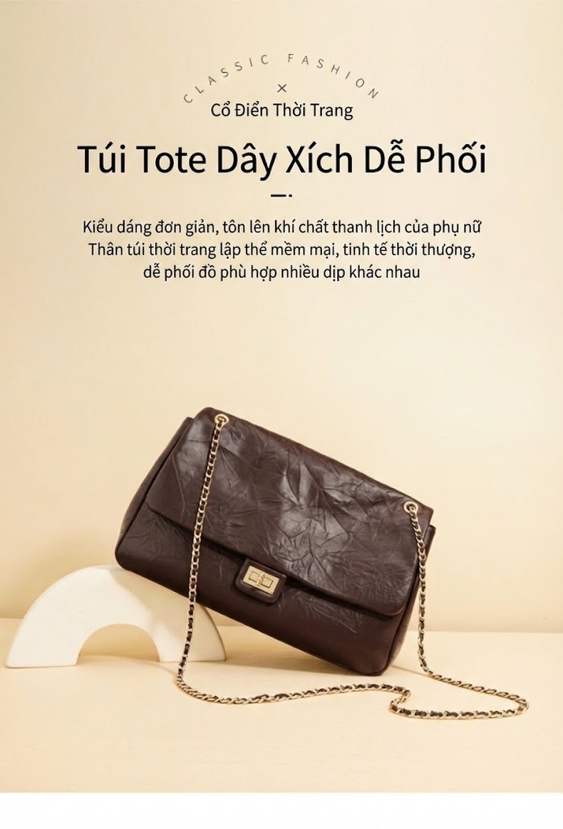 Túi Tote Da Bóng Đeo Vai/Đeo Chéo Dây Xích Lớn Phong Cách Thời Trang Màu Nâu chi tiết 2
