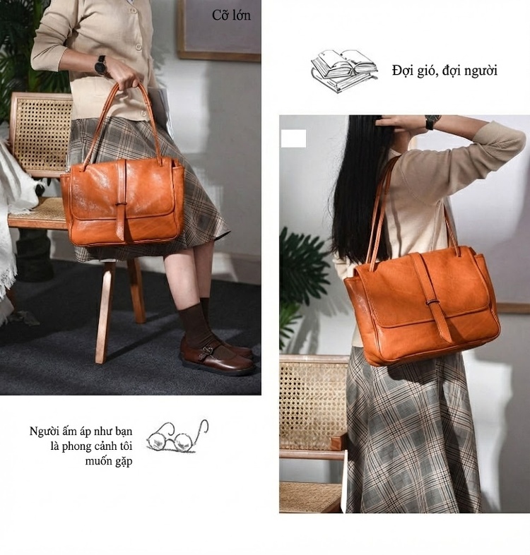 Túi Tote Da Bóng Đựng Tài Liệu Khổ Lớn Đeo Vai, Đeo Chéo Màu Đen, Nâu chi tiết 4