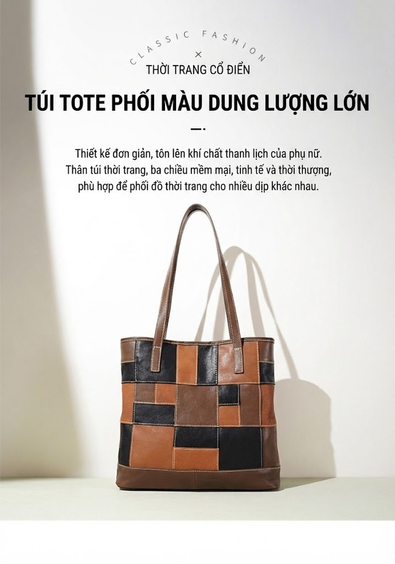Túi Tote Da Cừu Thiết Kế Độc Đáo Đựng Vừa A4 Phong Cách Công Sở Màu Nâu, Đen chi tiết 1
