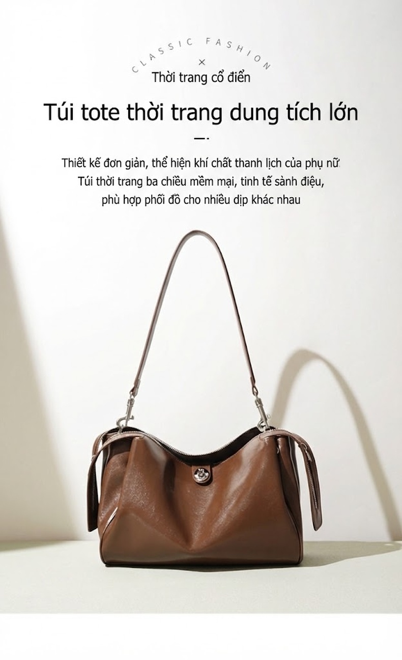 Túi Tote Da Dầu Sáp Thiết Kế Nhỏ Gọn Đeo Vai/Kẹp Nách Công Sở Màu Đen, Nâu, Trắng... chi tiết 1