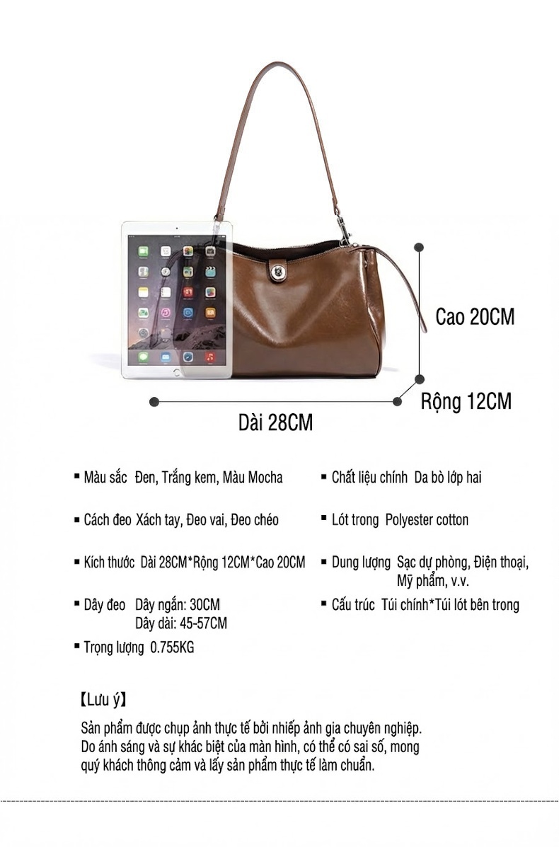 Túi Tote Da Dầu Sáp Thiết Kế Nhỏ Gọn Đeo Vai/Kẹp Nách Công Sở Màu Đen, Nâu, Trắng... chi tiết 8