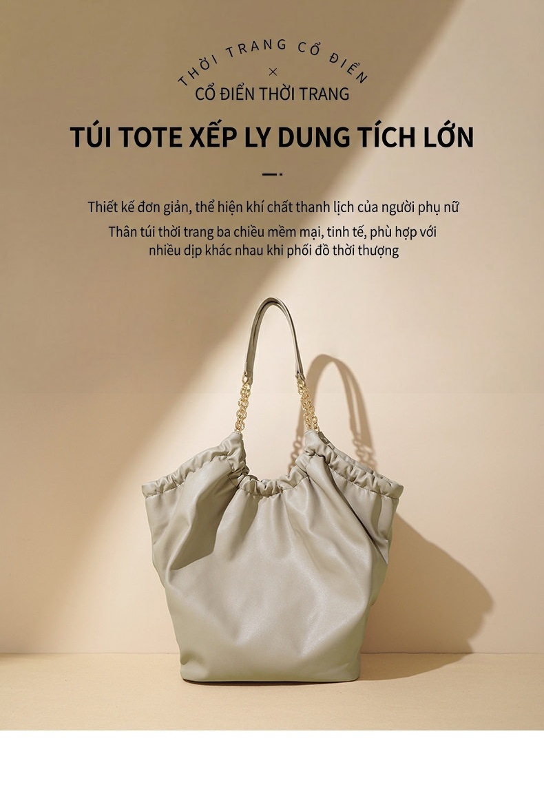 Túi Tote Da Mềm Dáng Rút Nhún Đeo Vai/Đeo Chéo Công Sở Phong Cách Tối Giản Màu Xám, Đen chi tiết 3