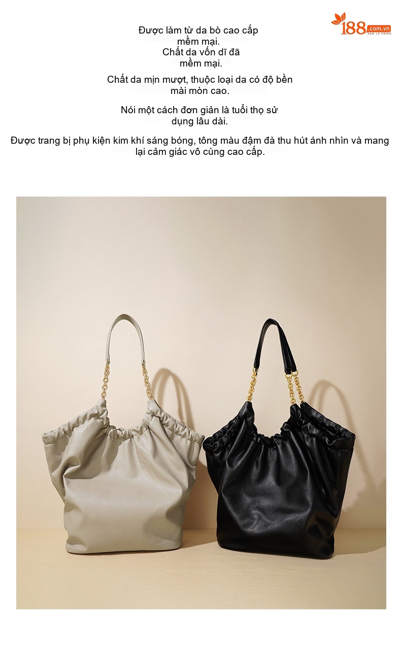 Túi Tote Da Mềm Dáng Rút Nhún Đeo Vai/Đeo Chéo Công Sở Phong Cách Tối Giản Màu Xám, Đen chi tiết 4