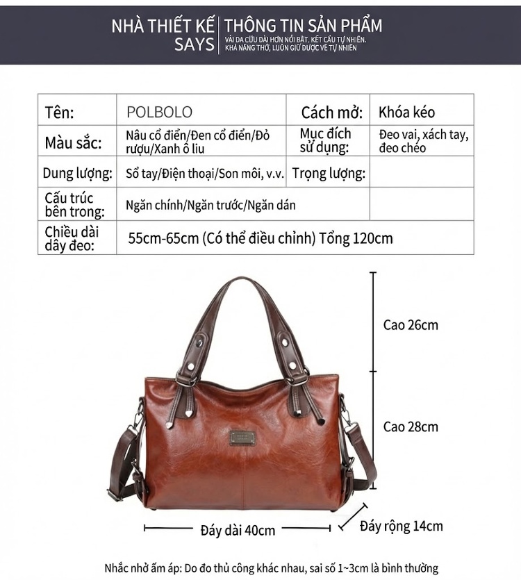 Túi Tote Da Mềm Thời Trang Retro Nữ Đeo Vai, Xách Tay, Đeo Chéo Dung Tích Lớn Màu Nâu, Đỏ, Xanh Lá, Đen... chi tiết 24