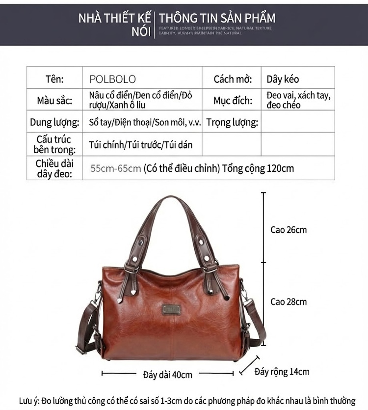 Túi Tote Da Mềm Thời Trang Retro Nữ Đeo Vai, Xách Tay, Đeo Chéo Dung Tích Lớn Màu Nâu, Đỏ, Xanh Lá, Đen... chi tiết 5