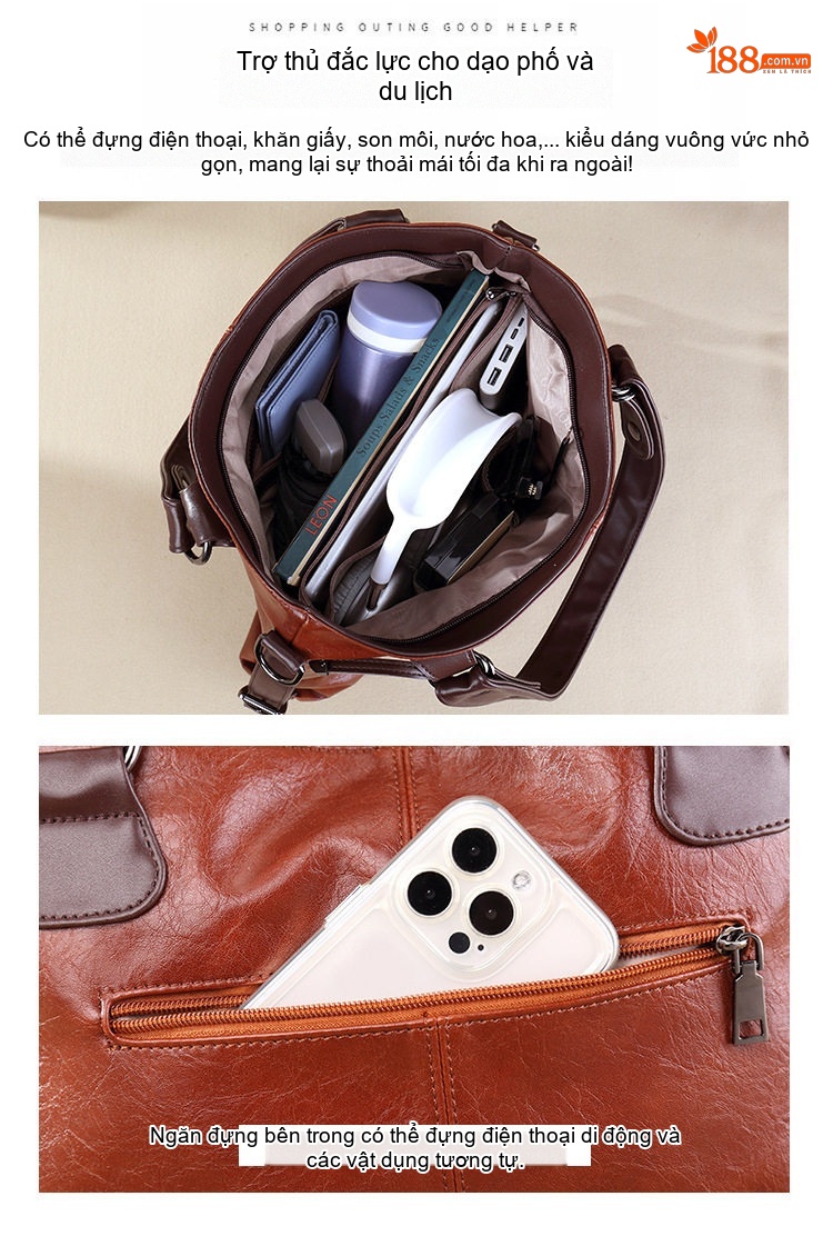 Túi Tote Da Mềm Thời Trang Retro Nữ Đeo Vai, Xách Tay, Đeo Chéo Dung Tích Lớn Màu Nâu, Đỏ, Xanh Lá, Đen... chi tiết 10