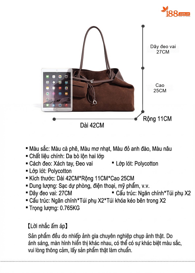 Túi Tote Da Mờ Đeo Vai/Kẹp Nách Sức Chứa Lớn Đi Làm Hàng Ngày Màu Nâu, Đỏ, Be chi tiết 7