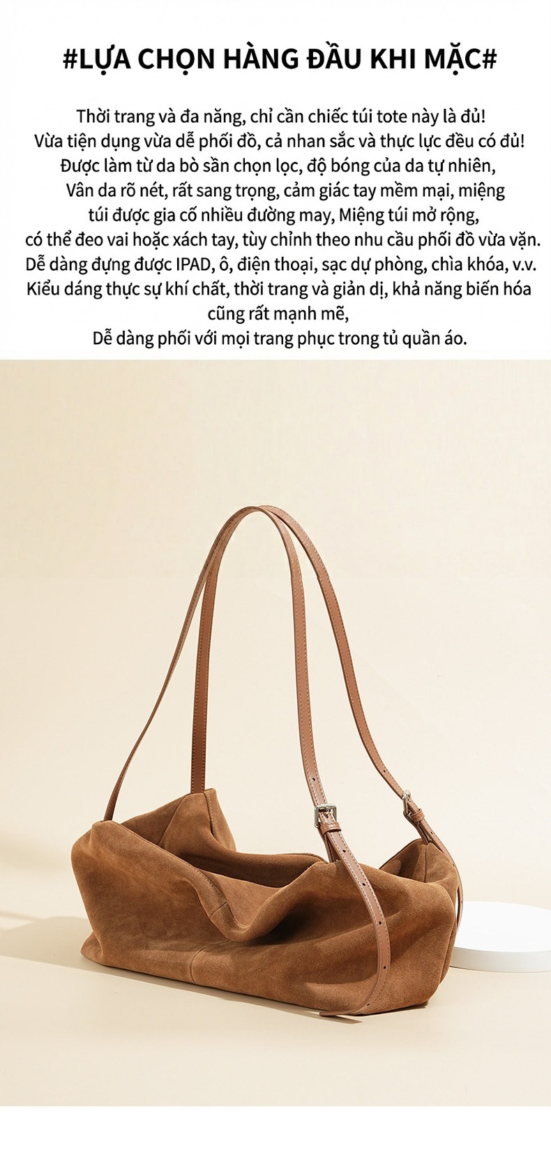 Túi Tote Da Mờ Sức Chứa Lớn Đeo Vai, Đeo Nách Phong Cách Thiết Kế Tối Giản Màu Nâu chi tiết 5