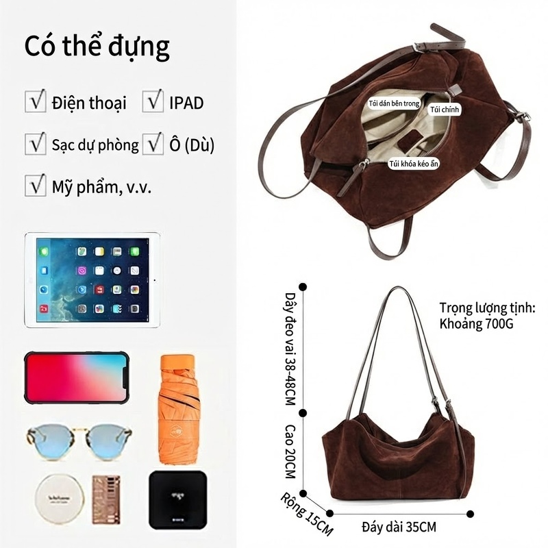 Túi Tote Da Mờ Sức Chứa Lớn Đeo Vai, Đeo Nách Phong Cách Thiết Kế Tối Giản Màu Nâu
