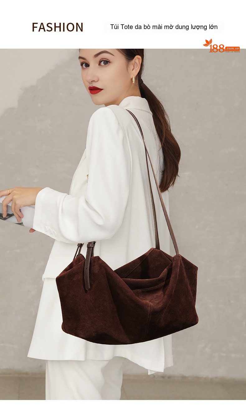 Túi Tote Da Mờ Sức Chứa Lớn Đeo Vai Phong Cách Tiểu Thư Màu Nâu, Nâu Đậm chi tiết 2
