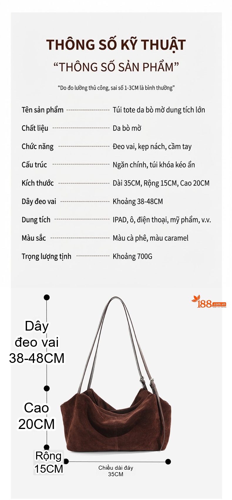 Túi Tote Da Mờ Sức Chứa Lớn Đeo Vai Phong Cách Tiểu Thư Màu Nâu, Nâu Đậm chi tiết 3
