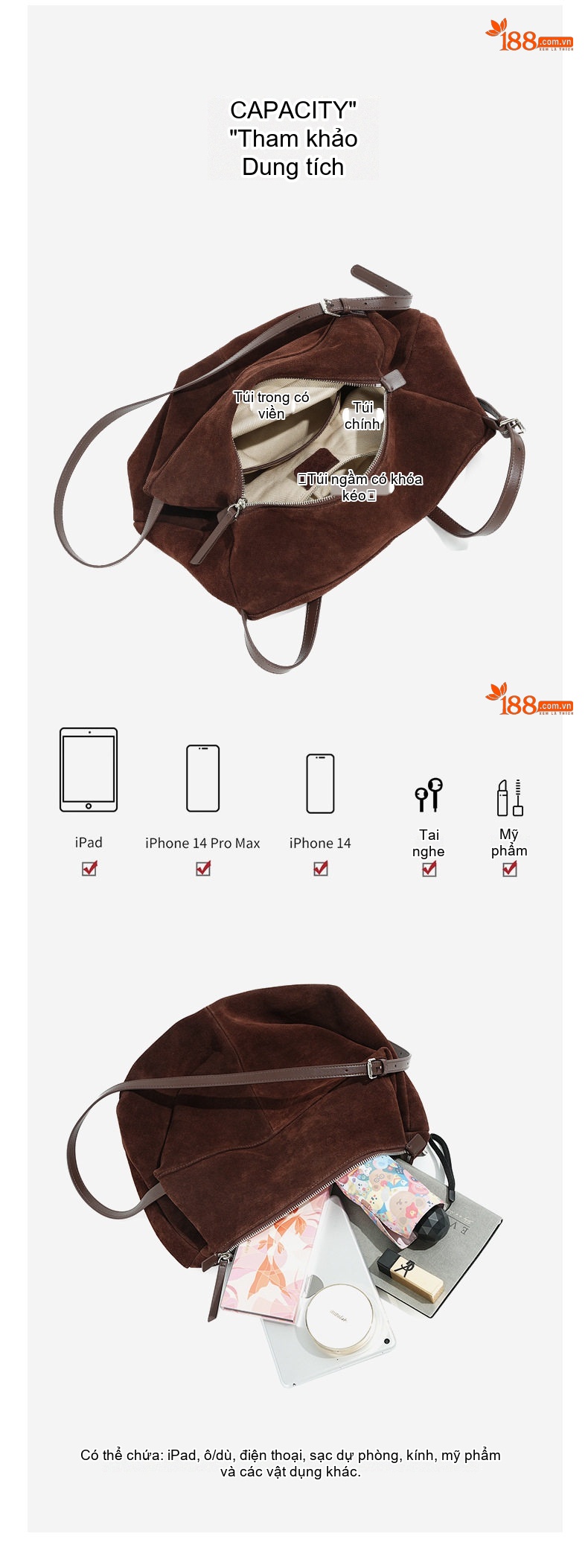 Túi Tote Da Mờ Sức Chứa Lớn Đeo Vai Phong Cách Tiểu Thư Màu Nâu, Nâu Đậm chi tiết 4