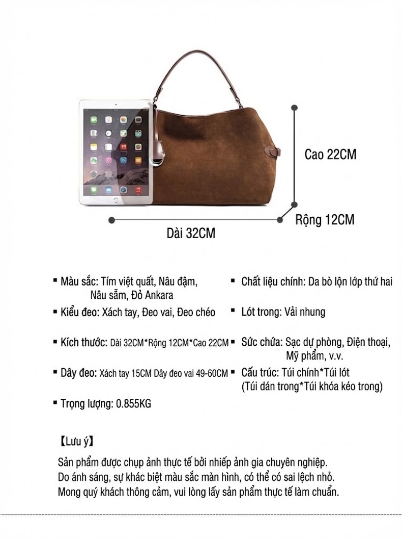 Túi Tote Da Mờ Sức Chứa Lớn Thiết Kế Vintage Đeo Vai, Đeo Chéo Màu Nâu Đỏ chi tiết 7
