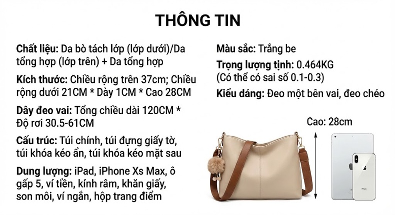 Túi Tote Da Thật Đeo Vai/Chéo Lớn Phong Cách Công Sở Màu Đen chi tiết 15