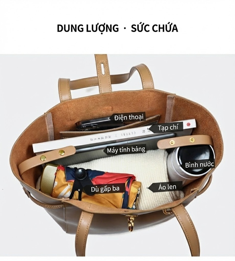 Túi Tote Da Thật Đeo Vai Đựng Vừa A4 Phong Cách Thời Trang Công Sở Màu Be chi tiết 6