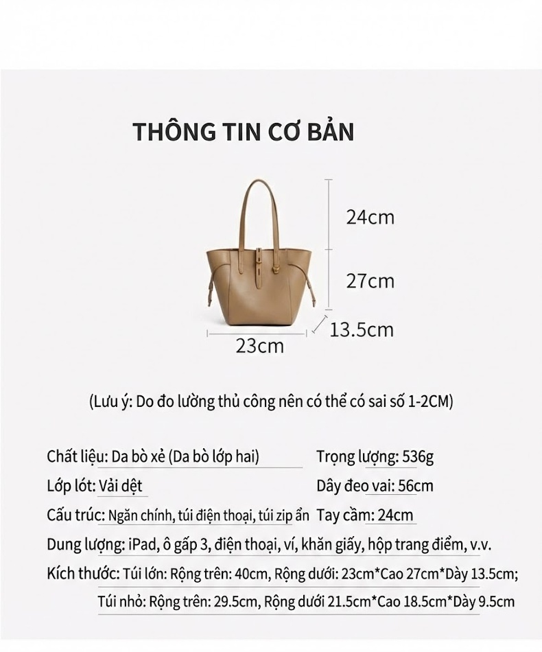 Túi Tote Da Thật Đeo Vai Đựng Vừa A4 Phong Cách Thời Trang Công Sở Màu Be chi tiết 8