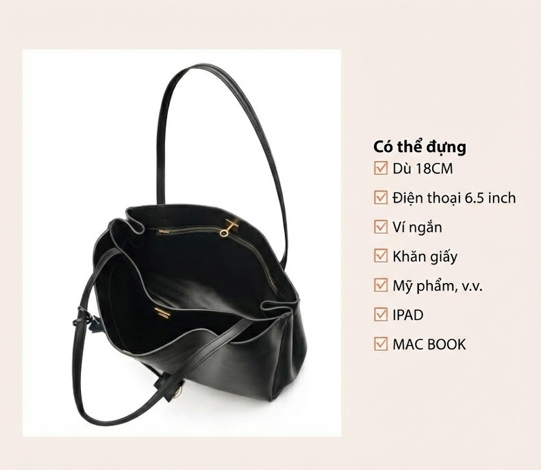 Túi Tote Da Thật Đeo Vai Nữ Da Bò Lớn Công Sở Màu Đen chi tiết 24