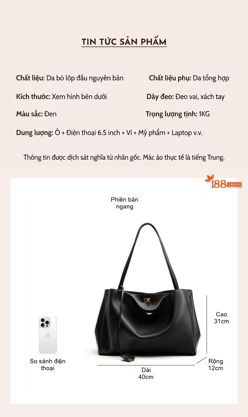 Túi Tote Da Thật Đeo Vai Nữ Da Bò Lớn Công Sở Màu Đen chi tiết 22