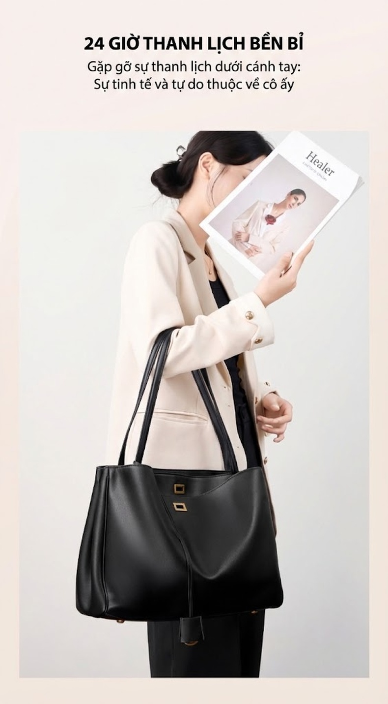 Túi Tote Da Thật Đeo Vai Nữ Da Bò Lớn Công Sở Màu Đen chi tiết 3