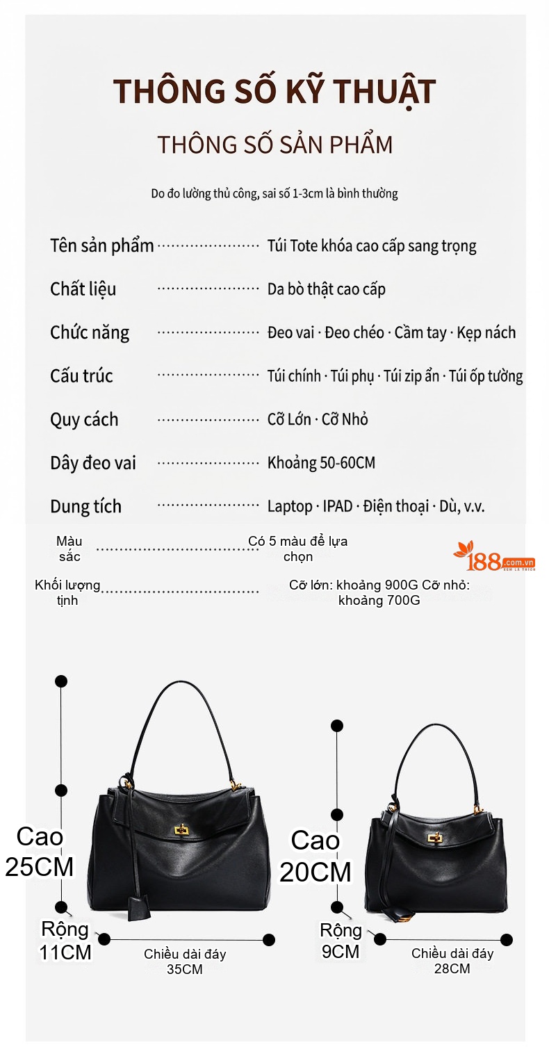 Túi Tote Da Thật Đeo Vai/Xách Tay/Đeo Chéo Sức Chứa Lớn Màu Đen chi tiết 5