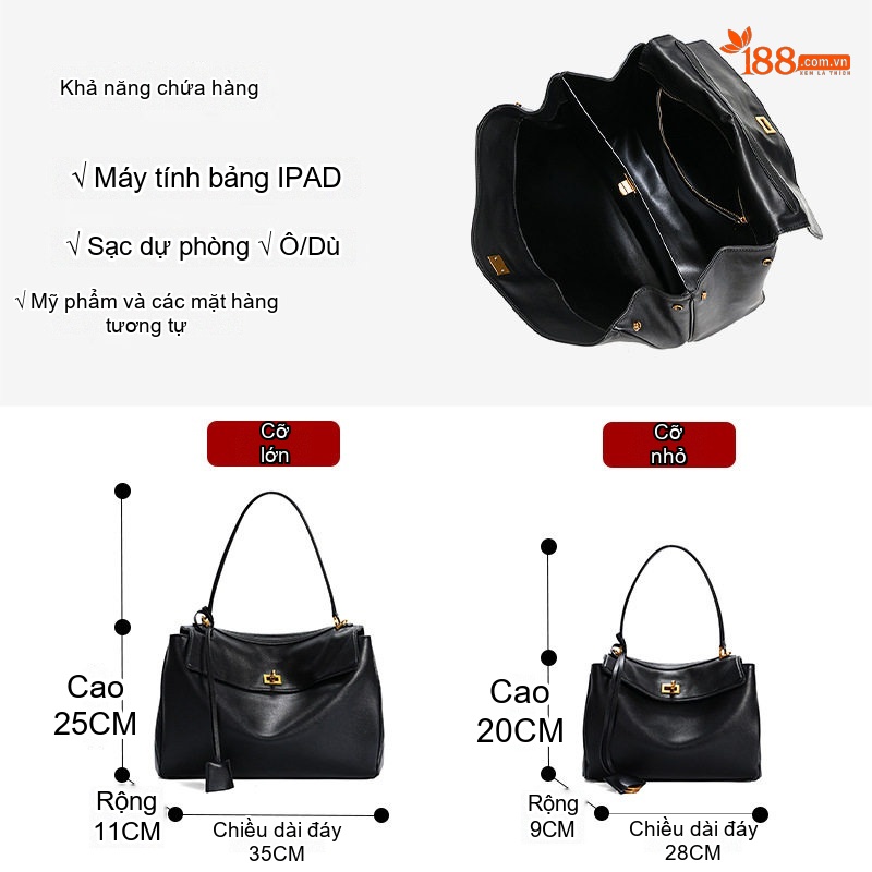 Túi Tote Da Thật Đeo Vai/Xách Tay/Đeo Chéo Sức Chứa Lớn Màu Đen
