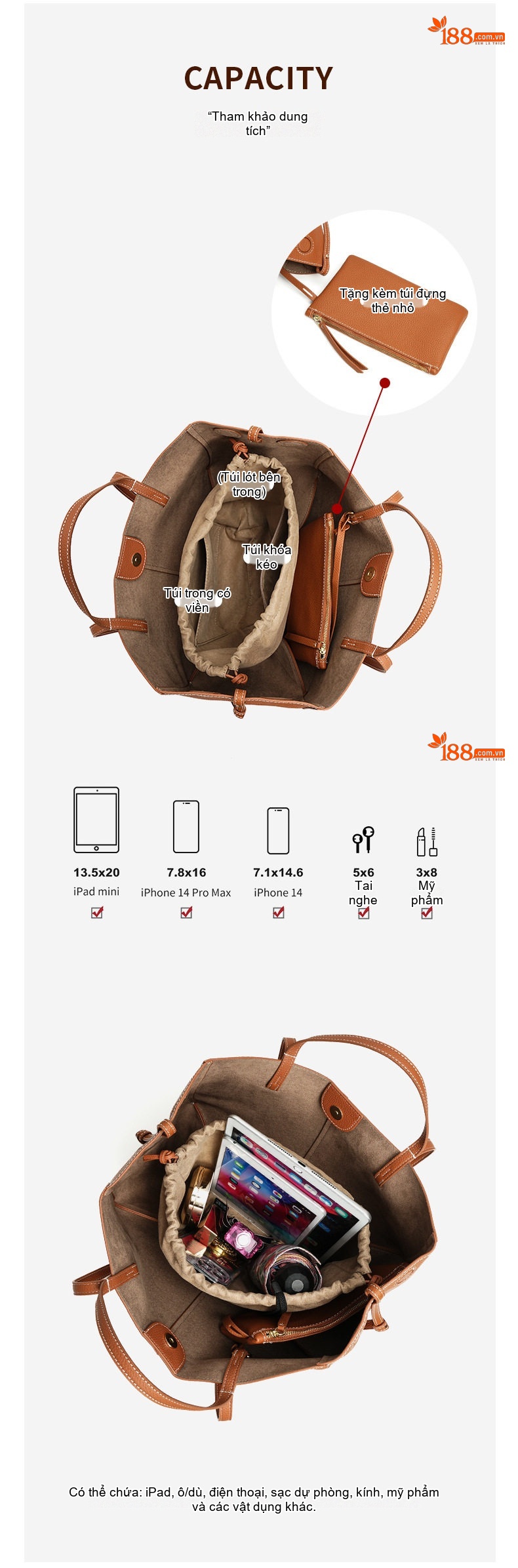 Túi Tote Da Thật Đeo Vai/Xách Tay Sức Chứa Lớn Phong Cách Công Sở Màu Nâu, Be chi tiết 6