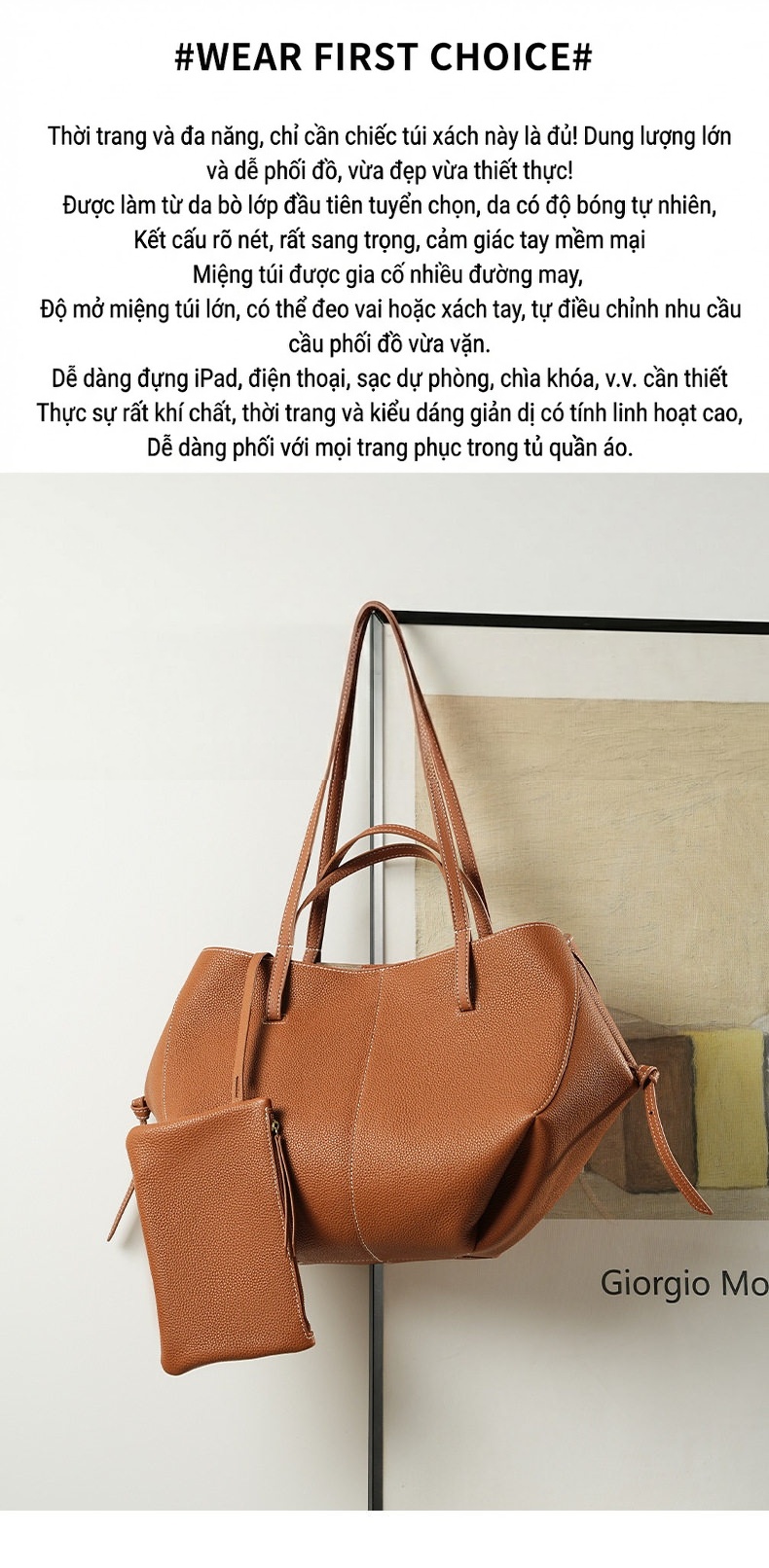 Túi Tote Da Thật Đeo Vai/Xách Tay Sức Chứa Lớn Phong Cách Công Sở Màu Nâu, Be chi tiết 8