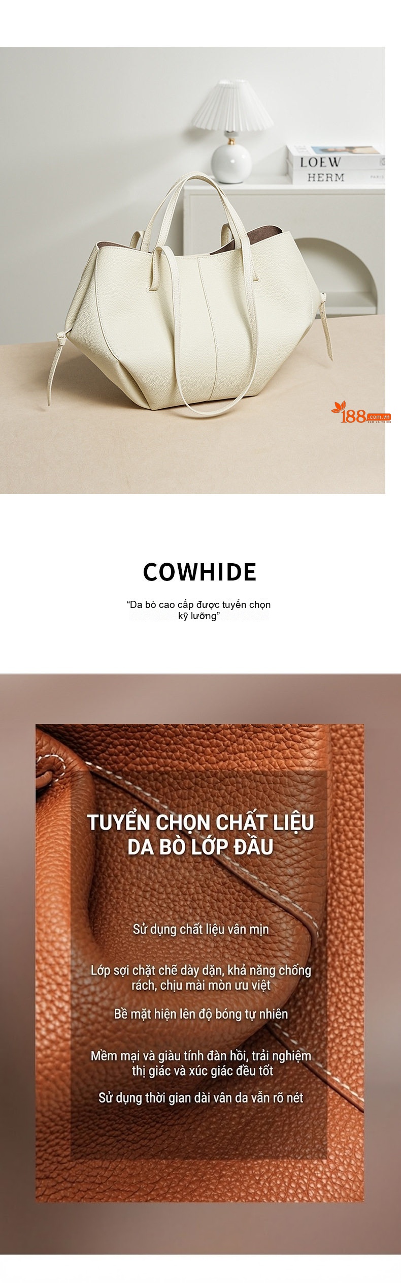 Túi Tote Da Thật Đeo Vai/Xách Tay Sức Chứa Lớn Phong Cách Công Sở Màu Nâu, Be chi tiết 11
